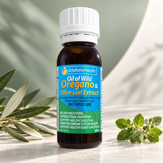 Solutions4Health Oil of Wild Oregano & Olive Leaf Extract 50 ml bottle with olive leaves and oregano sprigs.