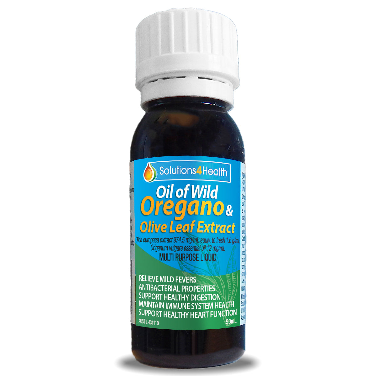 Bottle of Oil of Wild Oregano & Olive Leaf Extract with a white cap on a white background