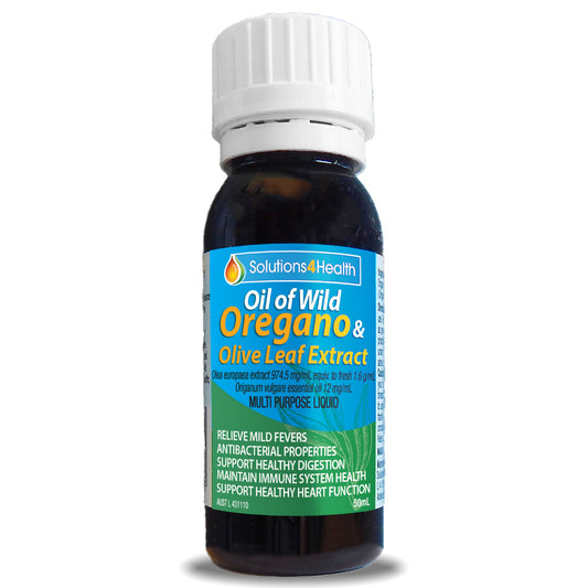 Bottle of Oil of Wild Oregano & Olive Leaf Extract with a white cap on a white background