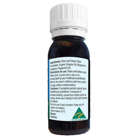 side panel  with ingredients and caution for Oil of Wild Oregano & Olive Leaf Extract