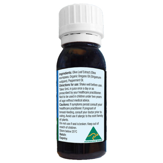 side panel  with ingredients and caution for Oil of Wild Oregano & Olive Leaf Extract