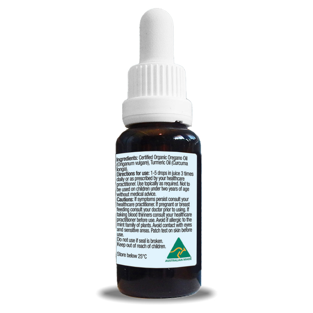 side panel with ingredients and cautions for Oil of Wild Oregano & Turmeric Oil